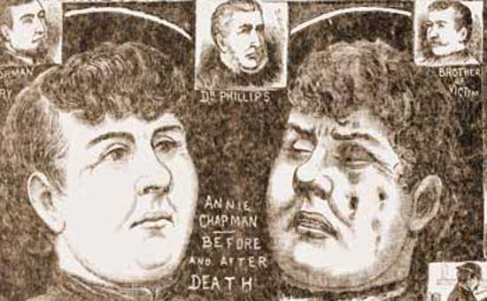 An illustration showing Annie Chapman before and after her murder.