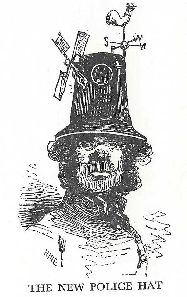 An illustration showing a policeman in a ventilated top hat with a windmill on it.