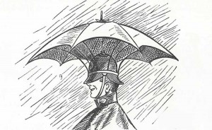 A polieman with an umbrella for a helmet.