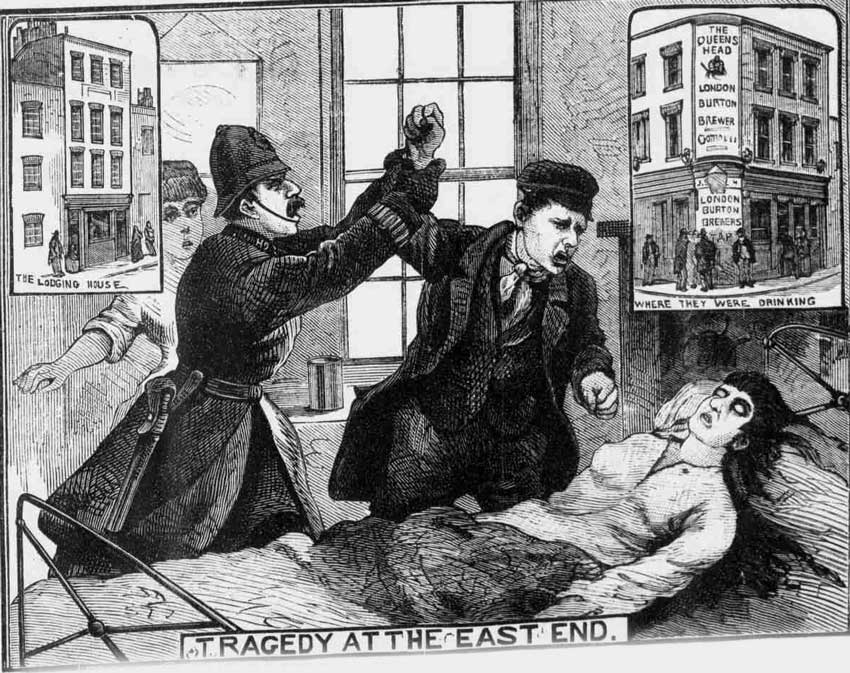 An illustration showing Dunkin leaning over the body of Elizabeth Jackson but being restrained by a policeman.