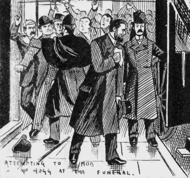 An angry crowd jostles Frank Hogg as he gets into the funeral coach.
