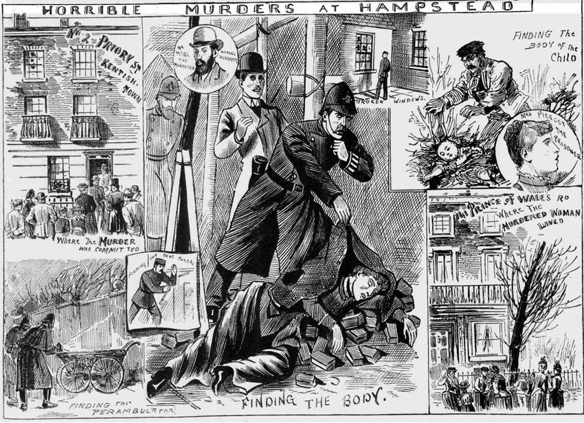 Illustrations showing the finding of the body of Mrs Phoebe Hogg.