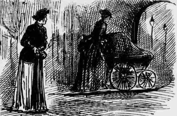 An illustration showing Elizabeth Rogers seeing Mary Pearcey pushing the perambulator.