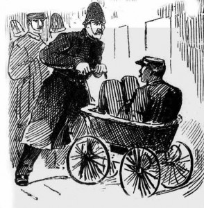 Inspector Banister being wheeled around in the perambulator.