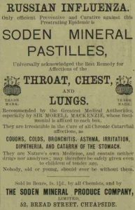 An advert for pastilles to treat the symptoms of Russian Flu.