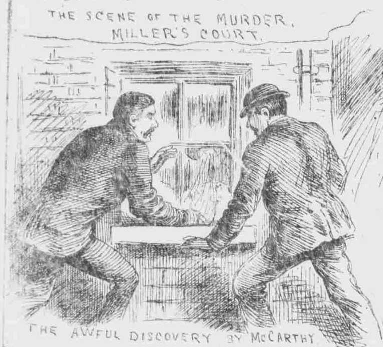 A sketch showing John McCarthy and Thomas Bowyer looking into Mary Kelly's room.