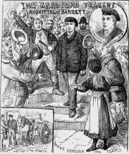 A sketch showing William Barrett being cheered as he leaves court.