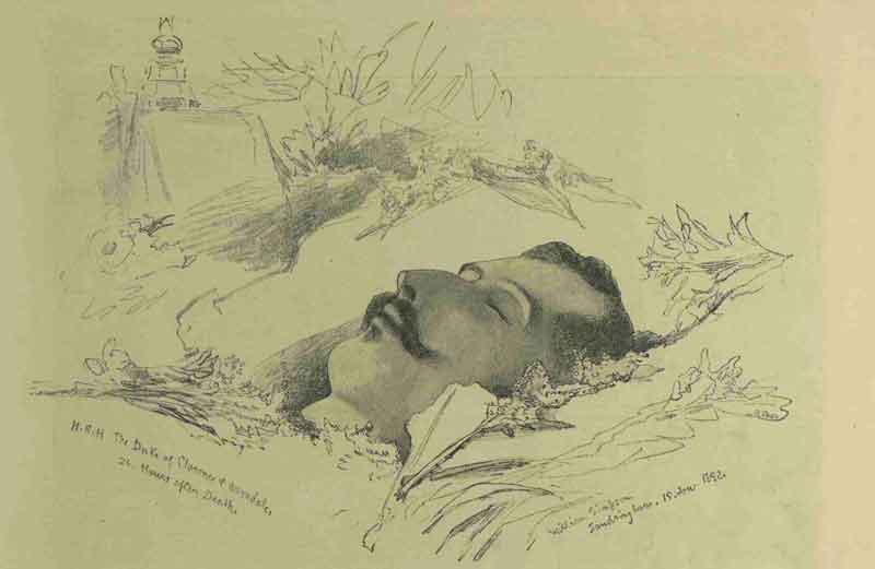An illustration showing the lifeless body of the Duke of Clarence.