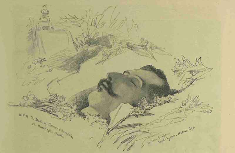An illustration showing the lifeless body of the Duke of Clarence.