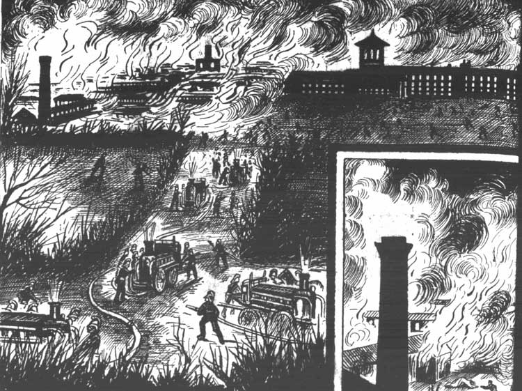 An illustration showing he firefighters tackling the blaze.