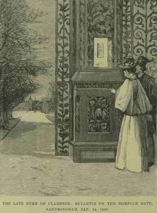 People gather outside a gate at Sandringham awaiting news on the Duke of Clarence.