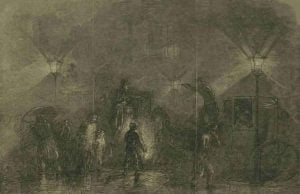 An illustration showing people moving around in a London fog.