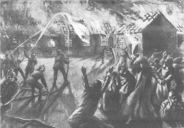 Fire fighters tackle the blaze at the Colney Hatch Asylum.
