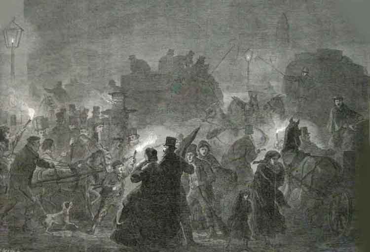People going about the streets of London in a fog.