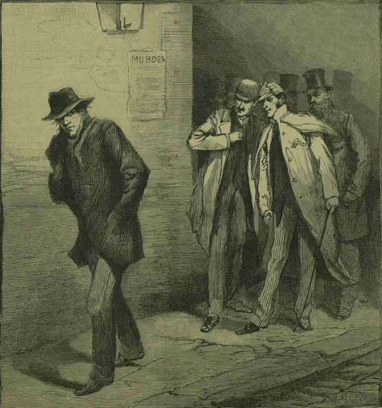 A group of three man watch a Jack the Ripper suspect.