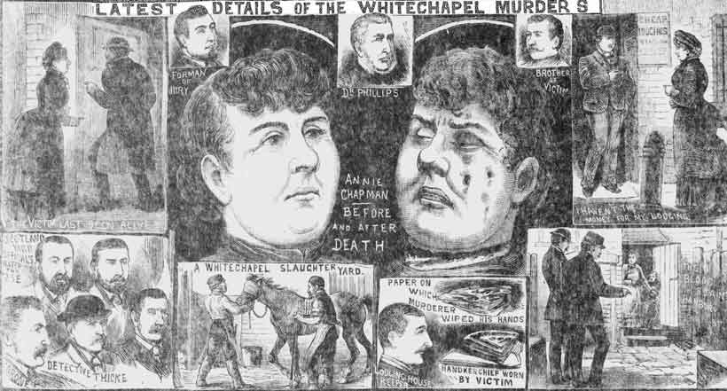Illustrations showing the finding of the body of Annie Chapman.
