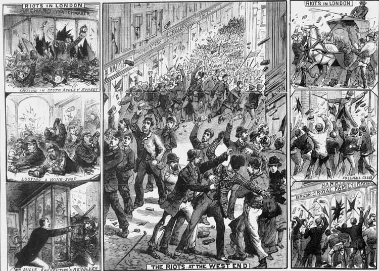 Various illustrations showing the rioting in the West End of London.