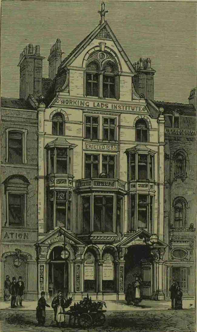 An illustration showing the exterior of the Working Lads' Institute.