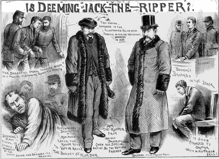 An illustration from the Illustrated Police News comparing Deeming to descriptions of Jack the Ripper.
