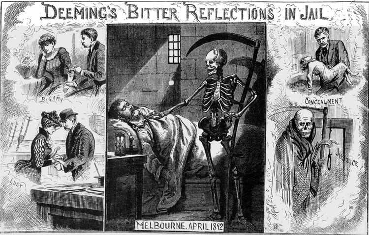 Illustrations showing Deeming in his cell.