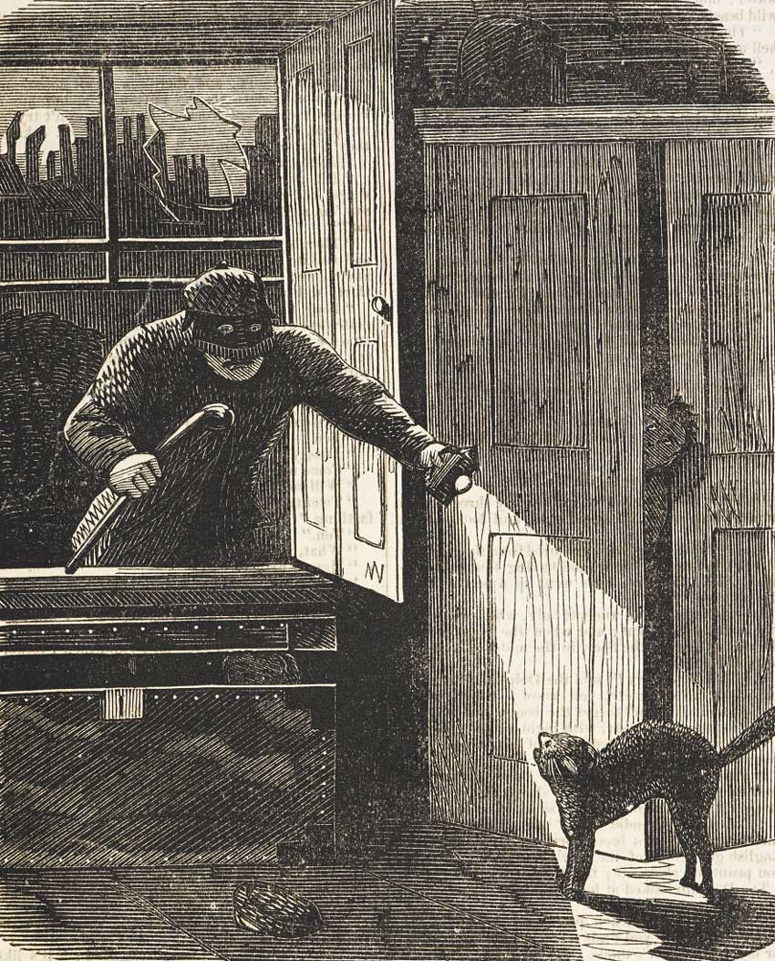 An illustration of a burglar breaking into a house through an open window.