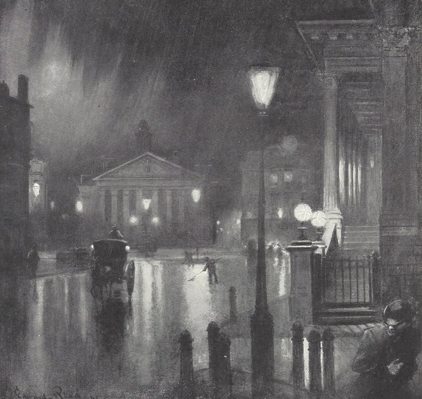 An illustration of the area around Bank at night.