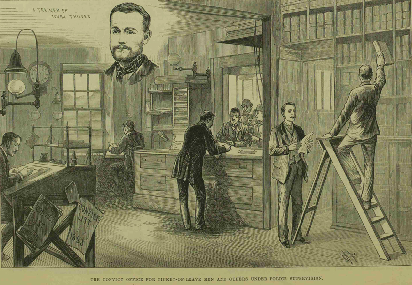 An illustration of the convict office at the Metropolitan Police Headquarters.