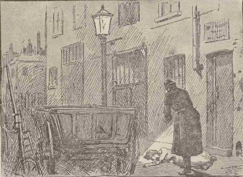 An illustration showing the policeman finding the body of Alice Mckenzie.