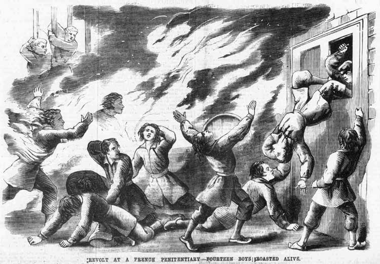 An illustration showing a fire in a French Prison.