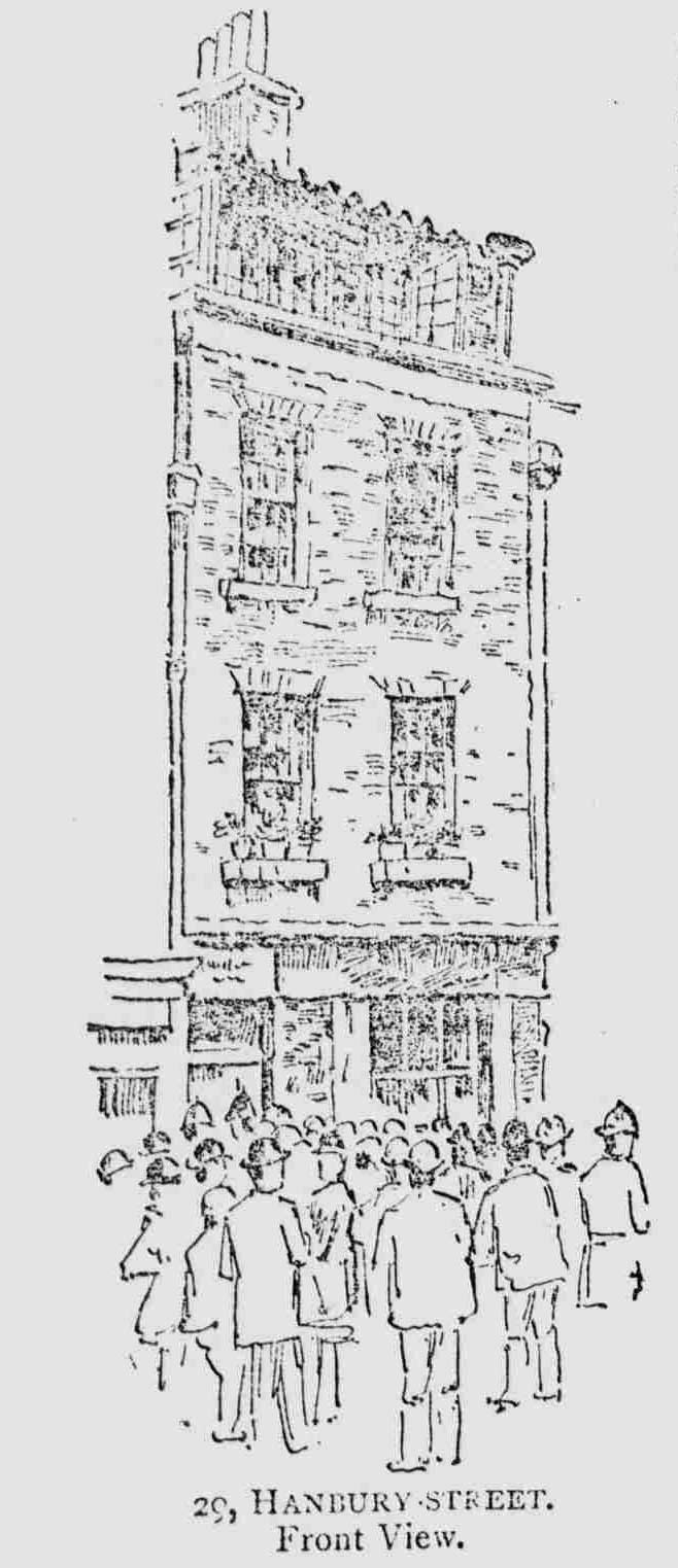 An illustration showing crowds in the street outside the front of 29 Hanbury Street.