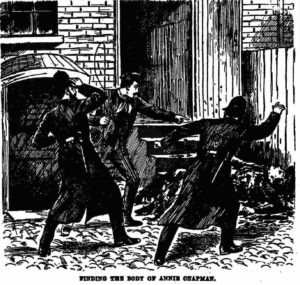 An Illustration showing the police looking at the body of Annie Chapman.