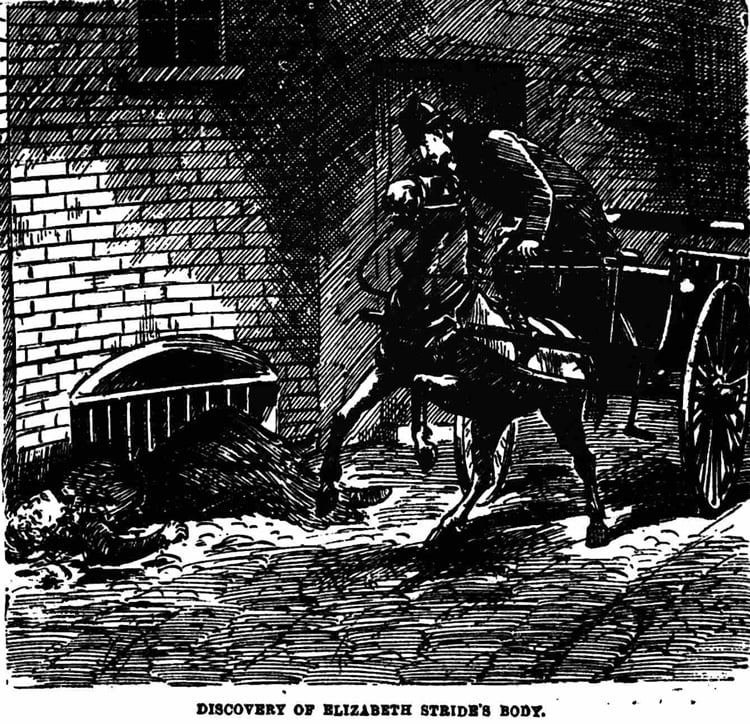 An illustration of the finding of the body of Elizabeth Stride.