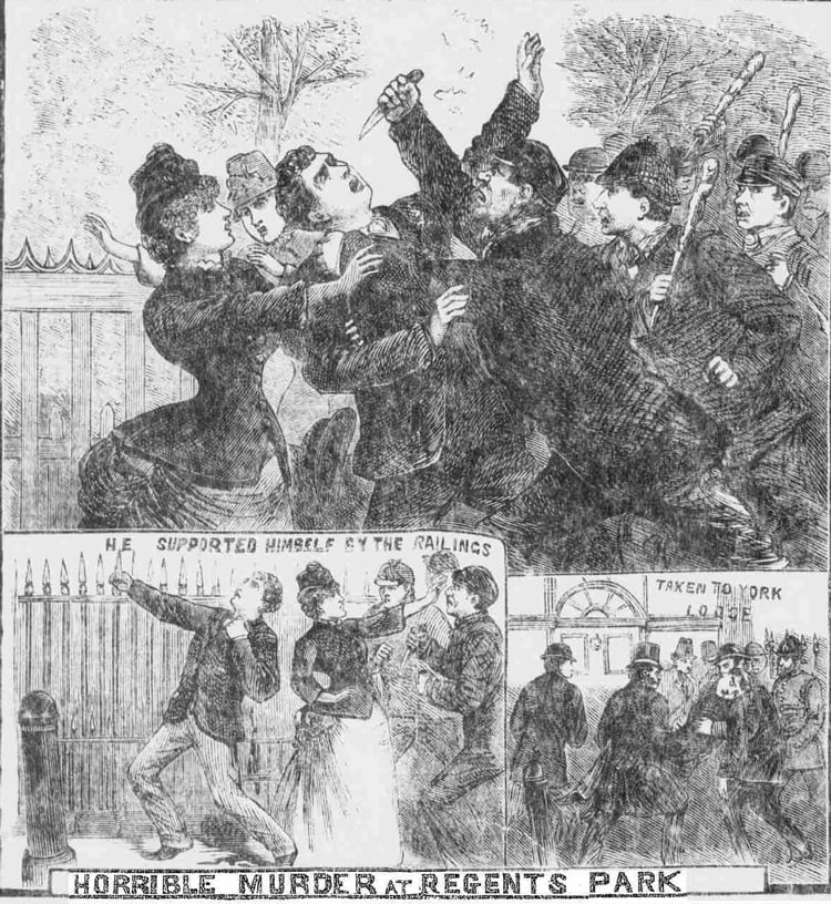 Illustrations showing the murder of John Rumbold.