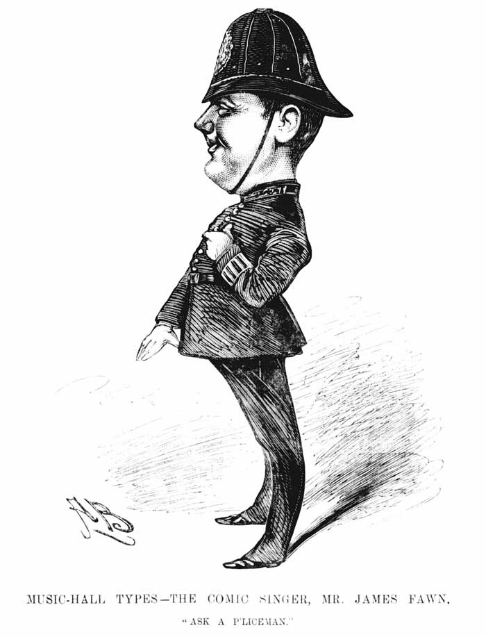 An illustration of James Fawn dressed as a policeman.