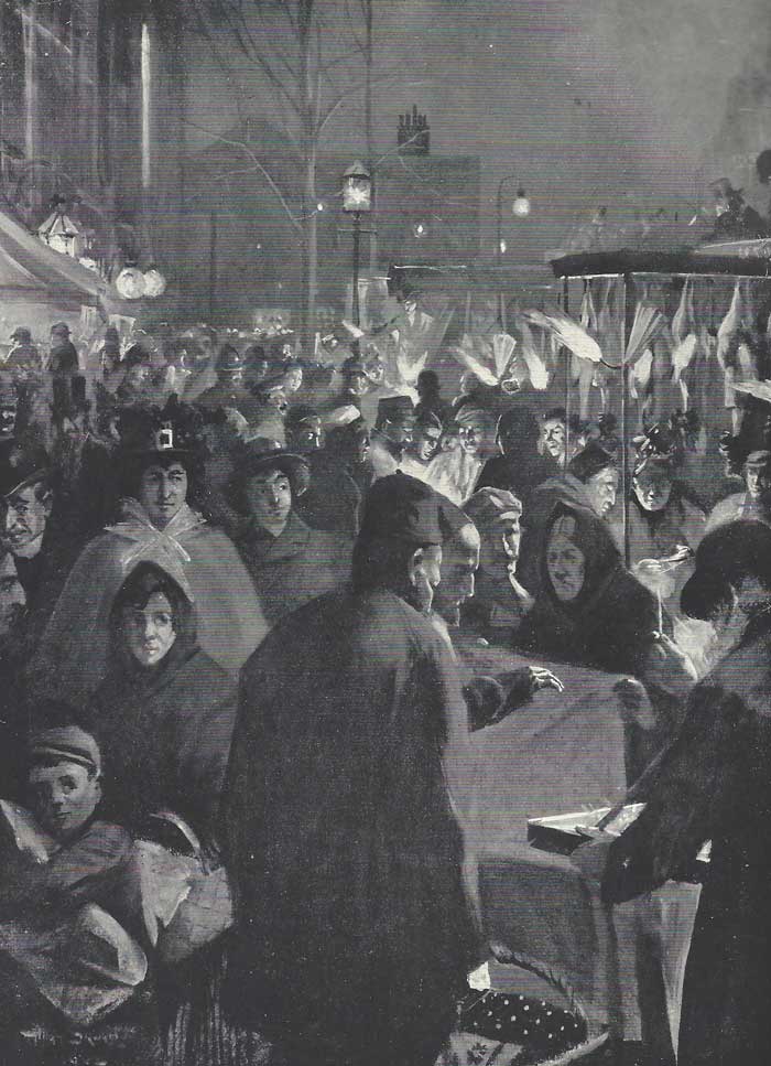 An illustration showing the busy Whitechapel Road on a Saturday night.