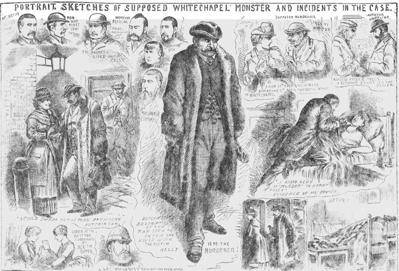 Newspaper sketches showing various suspects.