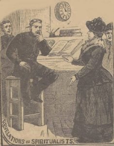 An illustration showing a woman spiritualist talking to a police officer.