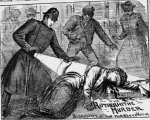 A policeman shines his lantern onto the body of Jane Thompson.