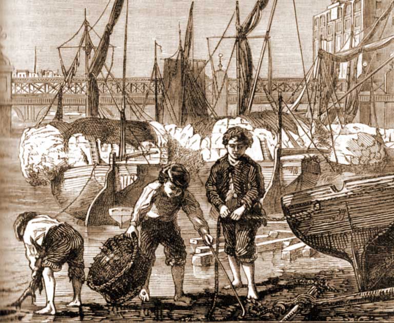 A group of mudlarks scavenge by the shipping on the Thames.