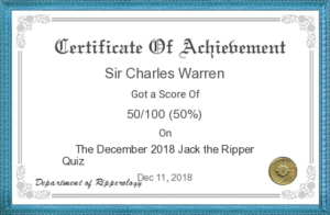 A Jack the Ripper quiz certificate with the name of Sir Charles Warren on it.