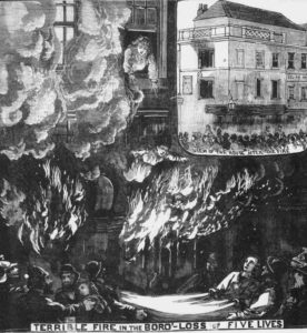 A house on fire in Victorian London.
