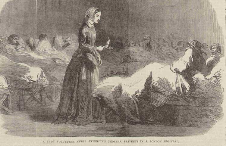 An illustration showing a cholera nurse attending patients in a hospital.