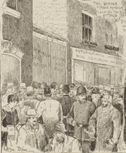 An illustration showing crowds gathered at the murder site in Berner Street.