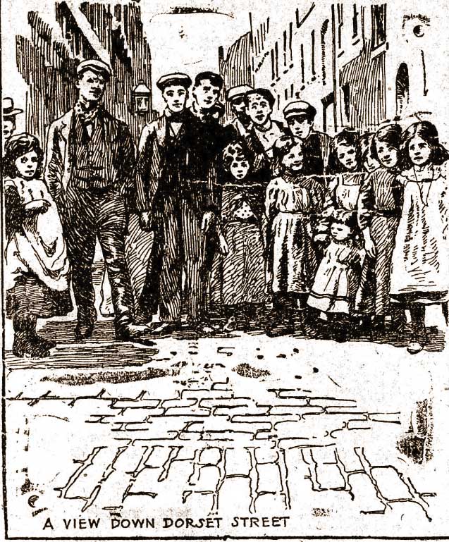 A skecth showing people in Dorset Street.