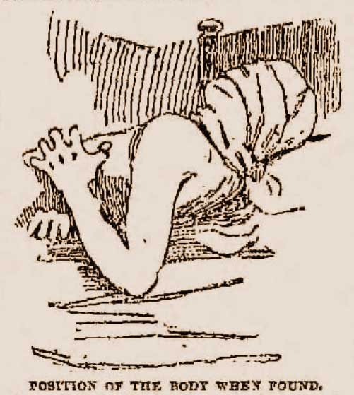 A sketch showing Carrie brown with the skirt tied around her face.