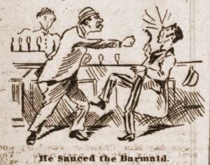 A sketch showing two men fighting in front of a barmaid.