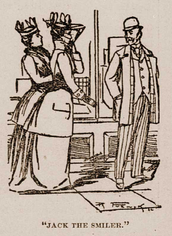 A sketch of Jack the Smiler approaching two women.