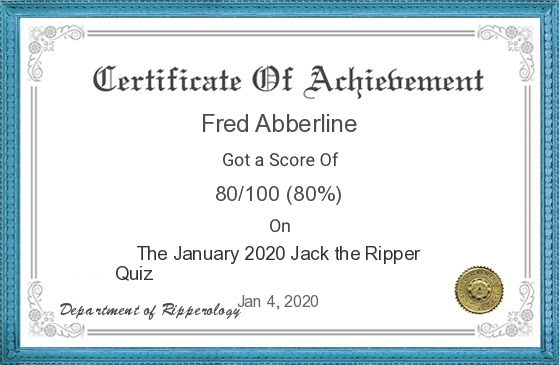 A copy of the Jack the Ripper Quiz Certificate.
