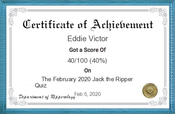 The February 2020 certificate. Eddie Victor's score was 40.