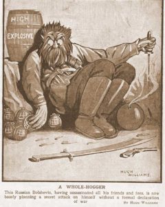 A caricature of an anarchist sitting by barrels of gunpowder.